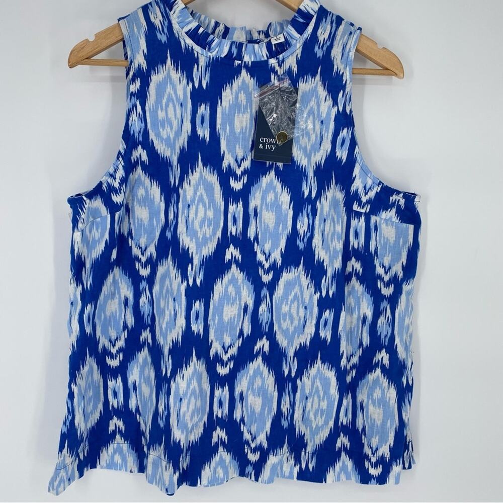 Crown & Ivy Top Linen‎ Ruffle Blue & White Coastal Summer Resortwear Vacation L
